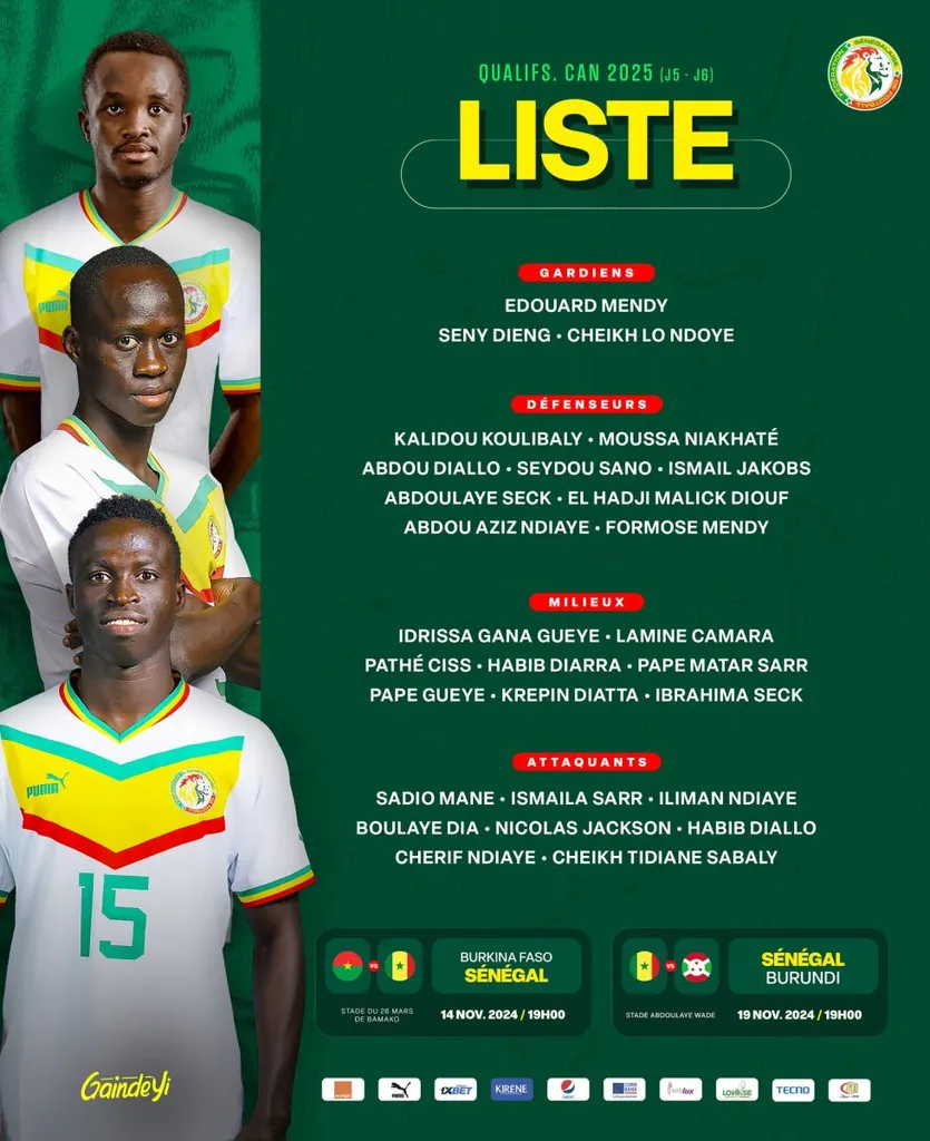 Liste du S&eacute;n&eacute;gal contre le Burkina Faso en novembre 2024