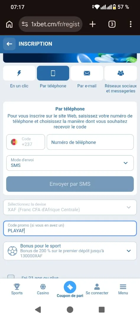 S'inscrire sur 1xBet avec le code promo