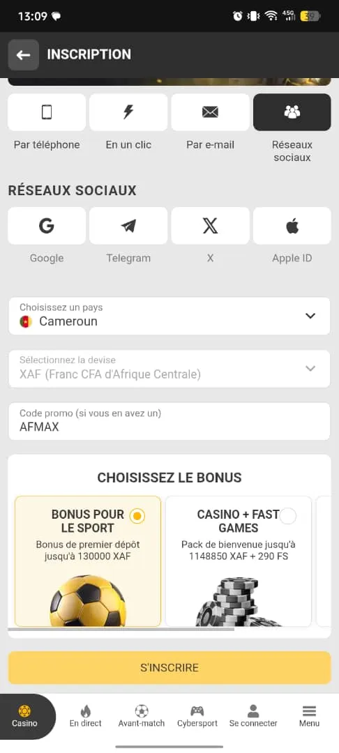 Formulaire d'inscription MelBet via les r&eacute;seaux sociaux
