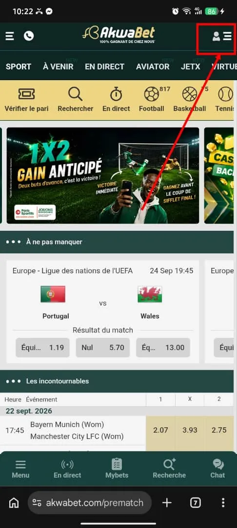 T&eacute;l&eacute;charger Apk Akwabet depuis le site mobile
