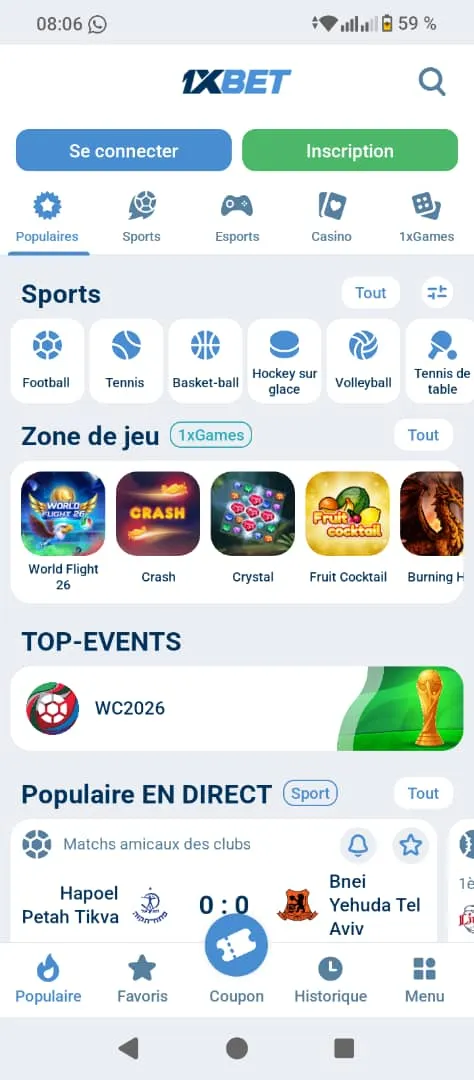 Page inscription 1xBet depuis l'application APK