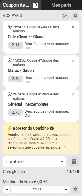 Ticket combin&eacute; Pronostics affiches qualification can selection 3 matchs pour le bonus du code promo MelBet