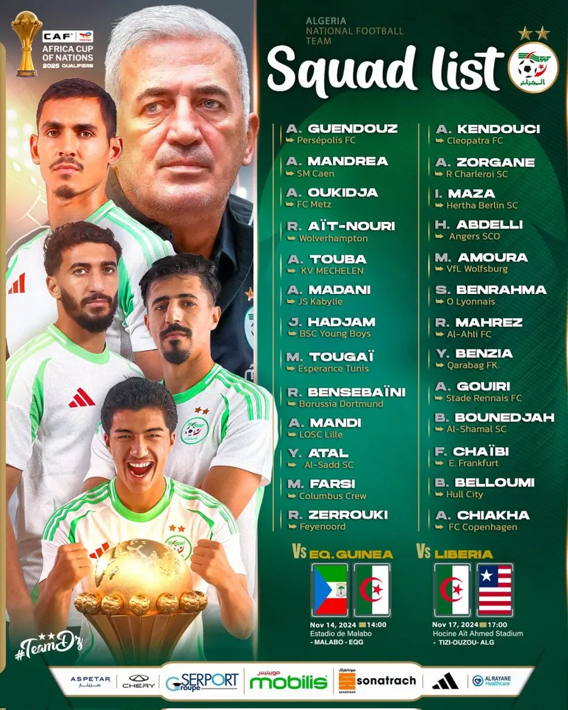 Liste de l&rsquo;Alg&eacute;rie face &agrave; la Guin&eacute;e &eacute;quatoriale et le Liberia (novembre 2024)