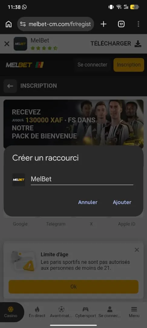 Raccourci Pwa MelBet chrome