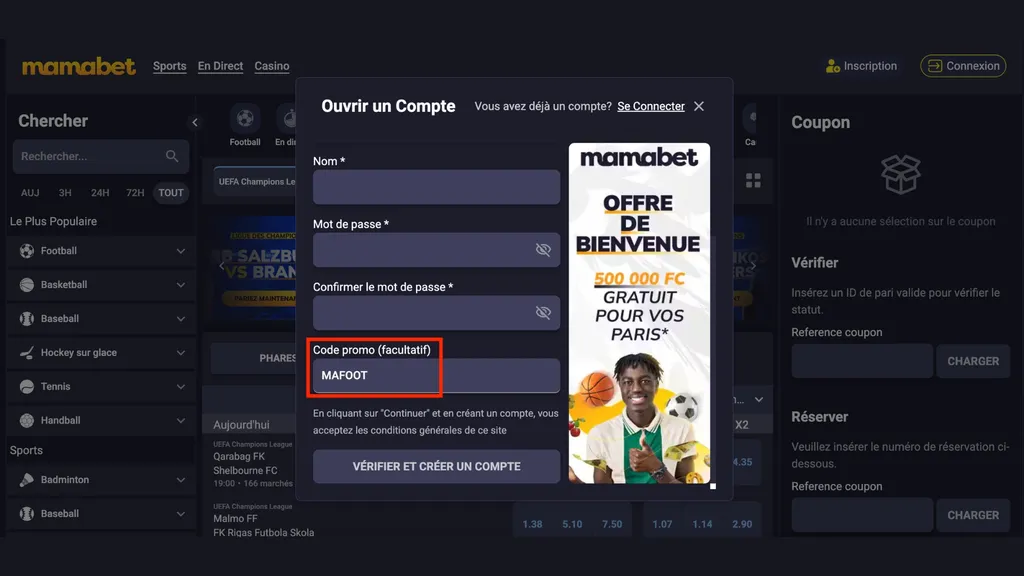 Créez un compte avec le code promo Mamabet MAFOOT