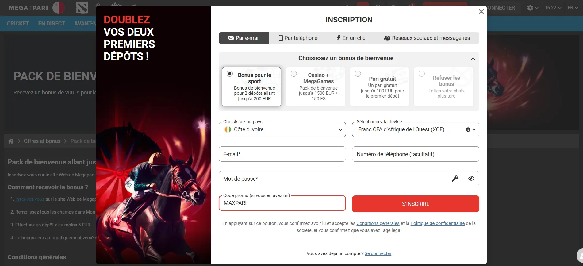 Meilleur bonus de bienvenue Megapari
