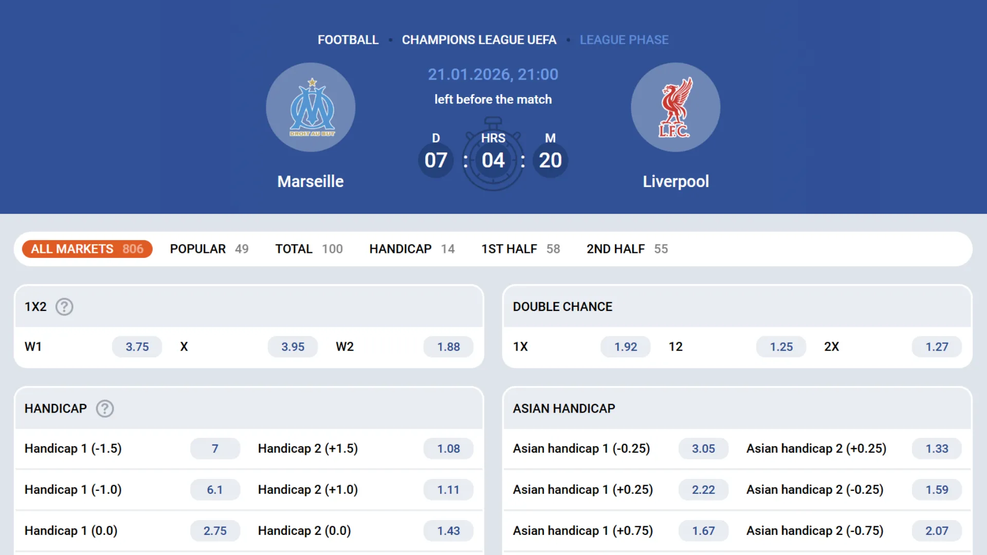 Code promo Mostbet &ndash; pronostic victoire Liverpool face &agrave; Marseille en Ligue des Champions.