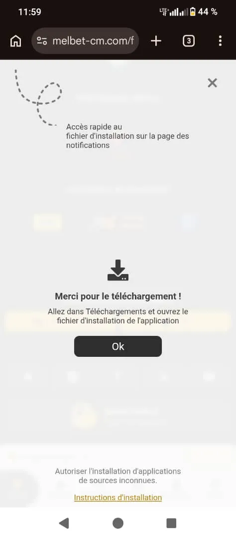 Message de confirmation d'Appli Melbet t&eacute;l&eacute;charg&eacute;e