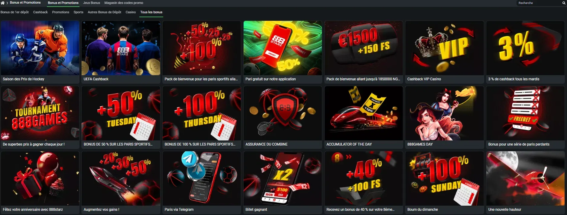 L'ensemble des bonus et promotions chez 888starz avec le code promo 888SFOOT