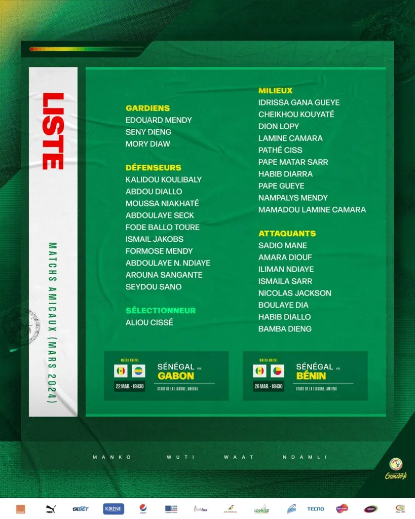 Liste S&eacute;n&eacute;gal mars 2024