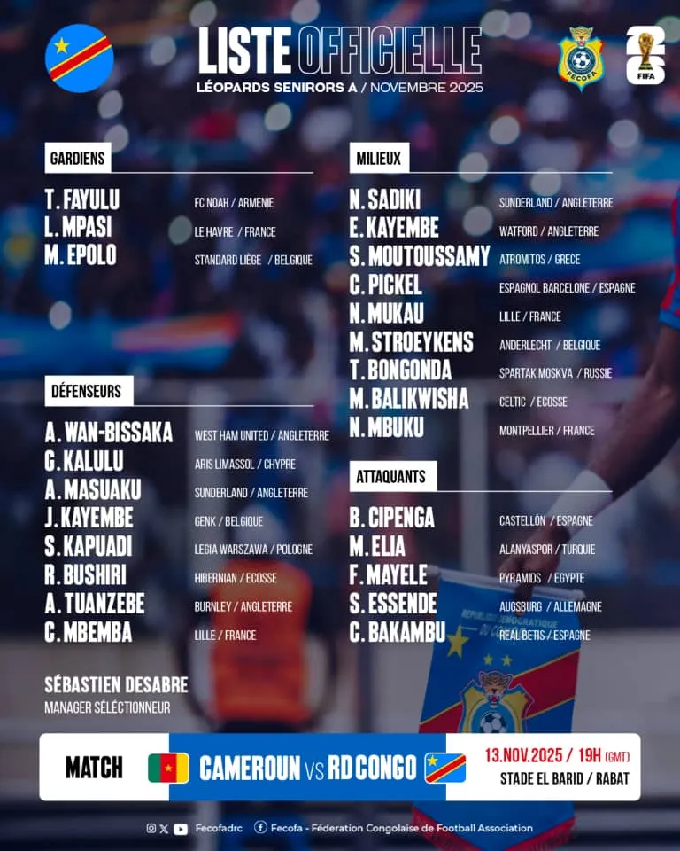 Liste de la RDC pour les barrages de la Coupe du monde 2026