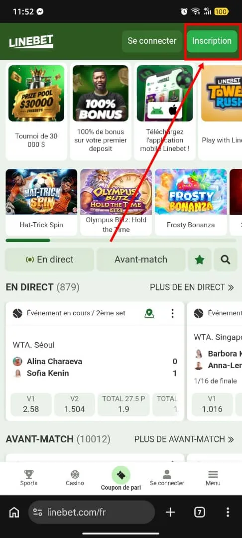 Inscription Linebet depuis le site web mobile