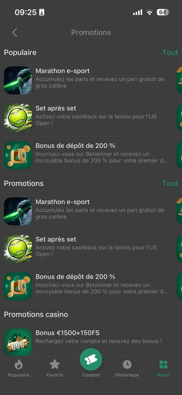 Page des promotion BetWinner via l'APK