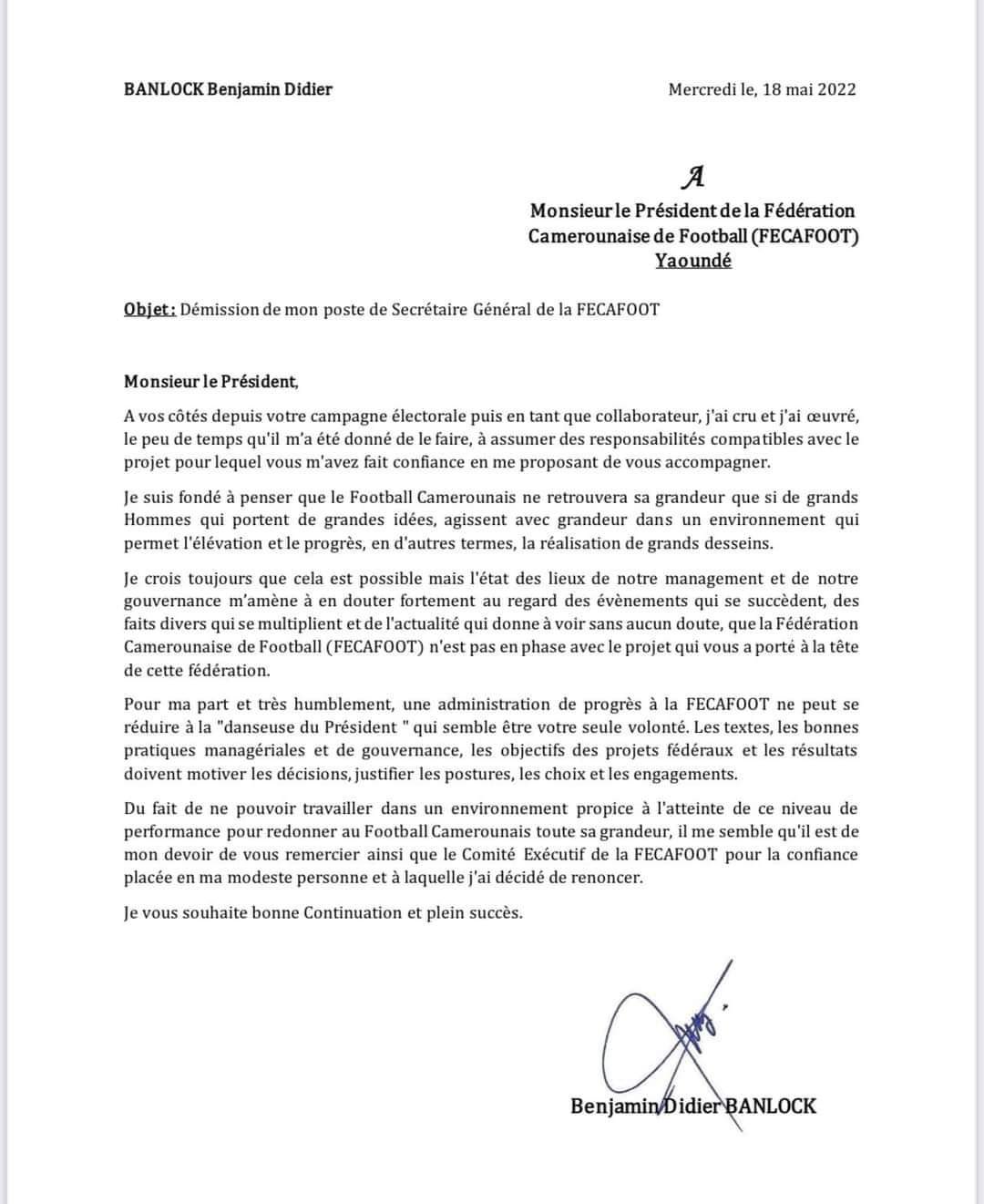 Lettre Banlock Fecafoot