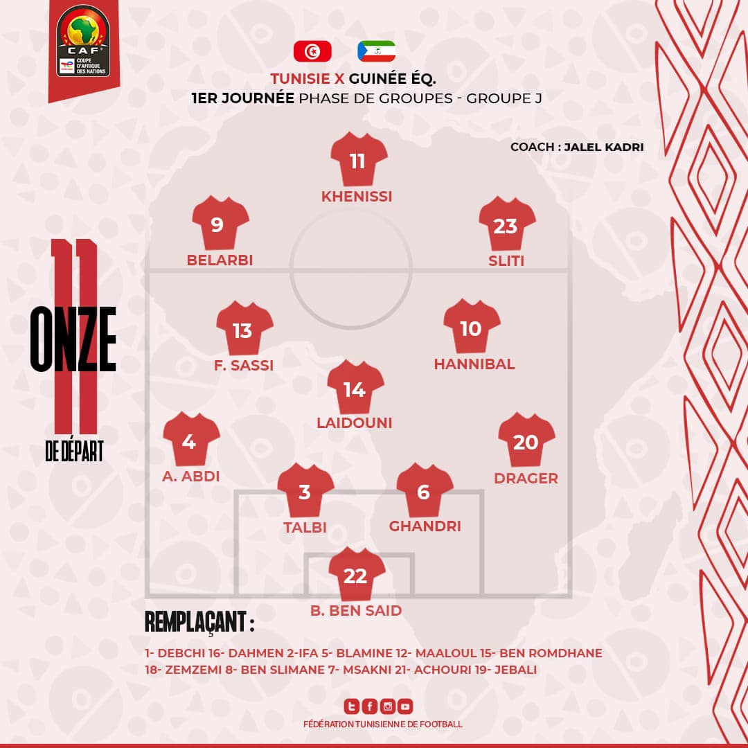 Tunisie Football on X: 🔴⚪ J-1 : 🇬🇶 GUINÉE ÉQUATORIALE - 🇹🇳 TUNISIE 🏆  5e journée de qualification à la #CM2022 ⚽ #GNQTUN 🇬🇶🇹🇳 🏟 Stade de  Malabo 📺FIFA TV () 🇹🇳, L'Equipe LIVE 🇫🇷 ⌚ 17H   / X